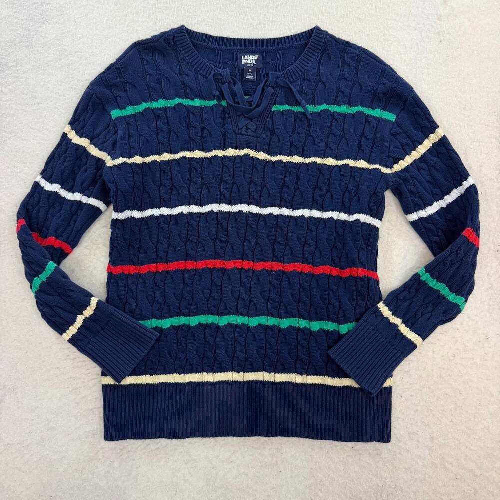 Lands' End Navy Blue Rainbow Striped Cable-Knit Cotton Sweater Size Medium